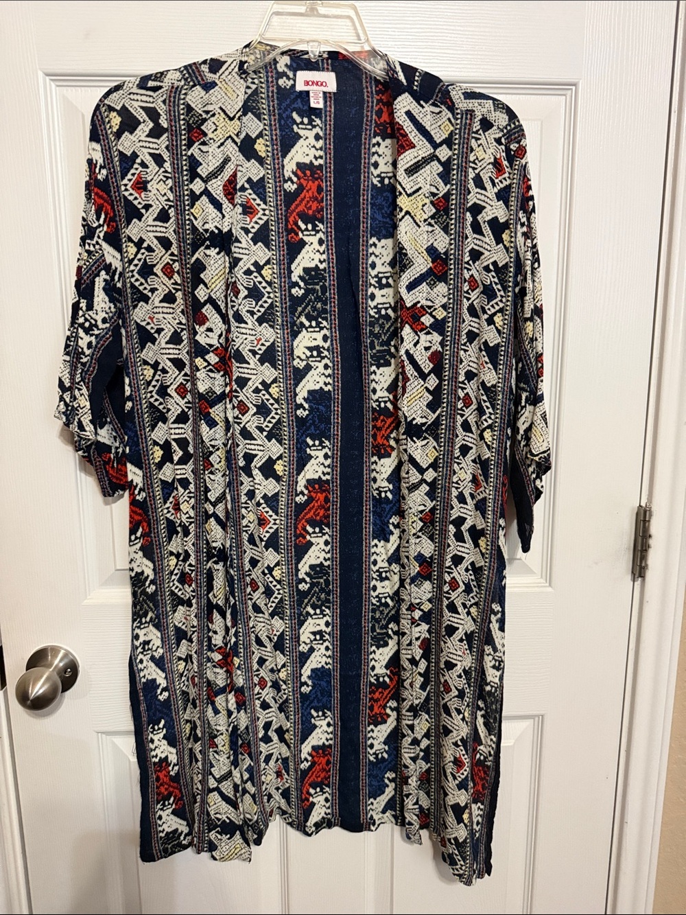 BONGO Navy, Ivory & Red Geometric Open Kimono